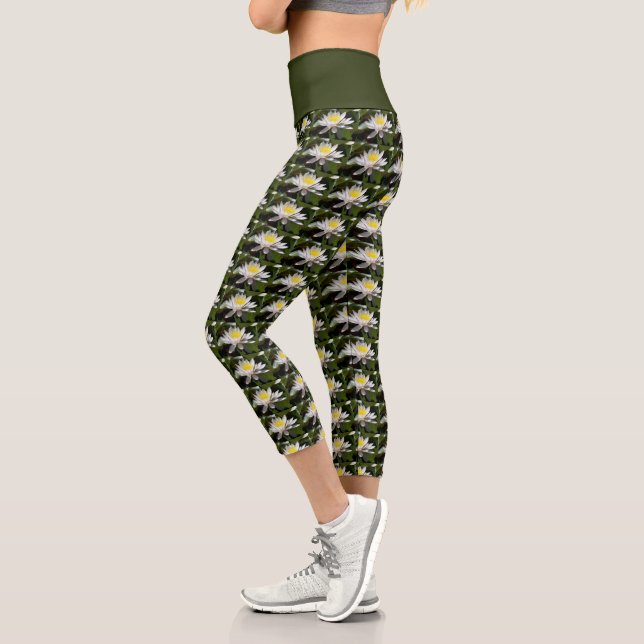 White Water Lilies Floral Capri Leggings (Left)