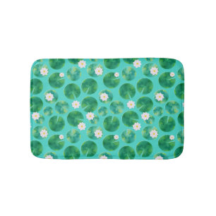 White Water Lily Flowers & Lily Pad Pattern Bath Mat