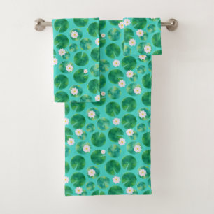 White Water Lily Flowers & Lily Pad Pattern Bath Towel Set