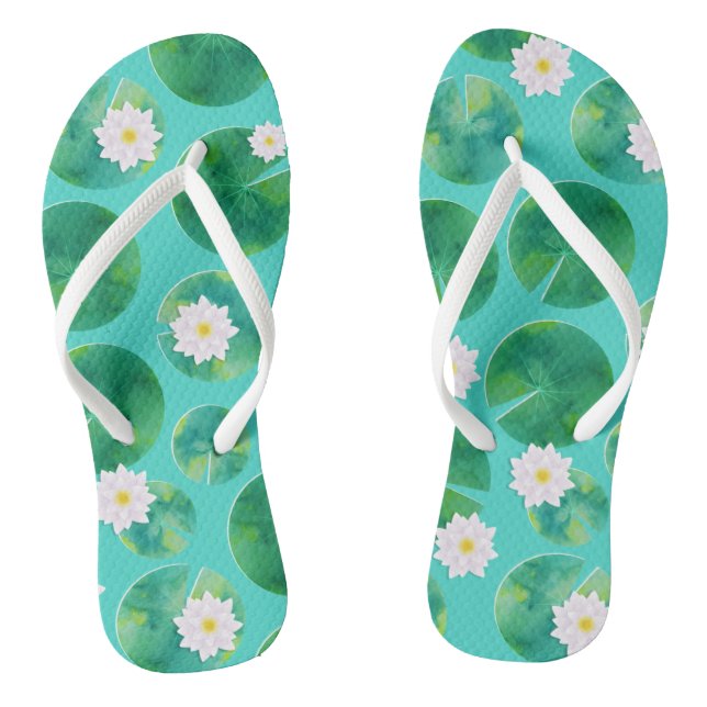 White Water Lily Flowers & Lily Pad Pattern Flip Flops (Footbed)