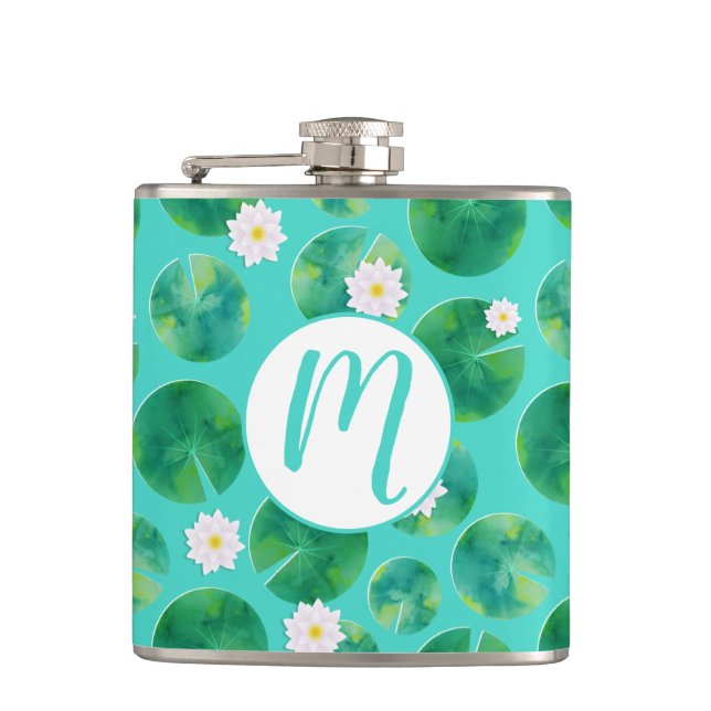 White Water Lily Flowers & Lily Pad Pattern Hip Flask (Front)