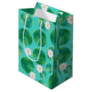 White Water Lily Flowers & Lily Pad Pattern Medium Gift Bag
