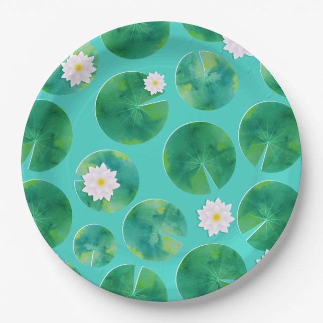 White Water Lily Flowers & Lily Pad Pattern Paper Plate (Front)