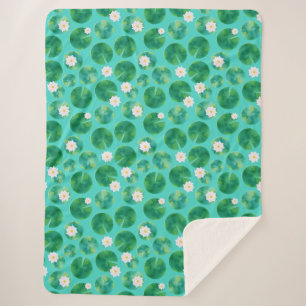 White Water Lily Flowers & Lily Pad Pattern Sherpa Blanket