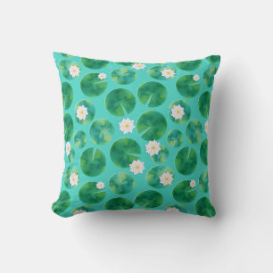 White Water Lily Flowers & Lily Pad Pattern Throw Pillow