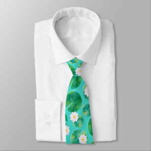 White Water Lily Flowers & Lily Pad Pattern Tie