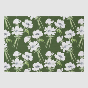 White watercolor anemone flowers on green tissue paper