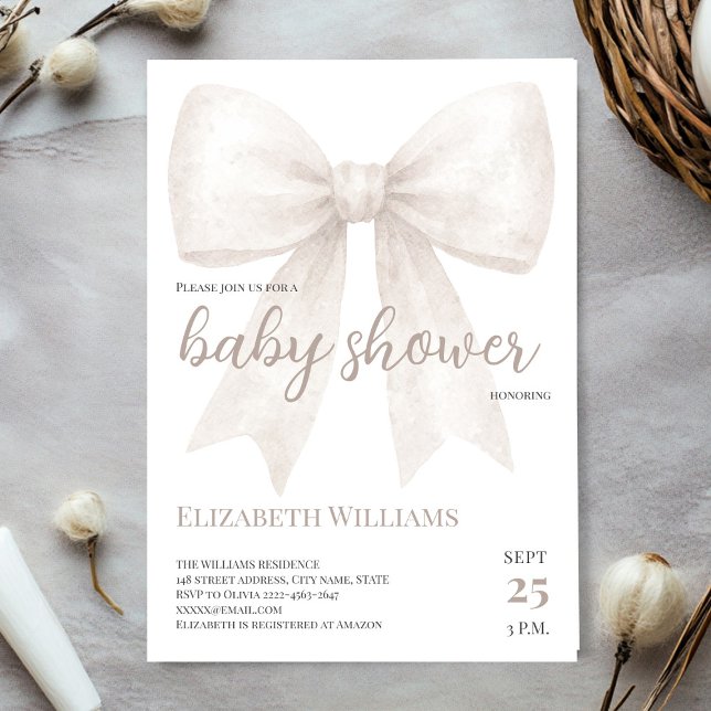 White Watercolor Bow Baby Shower minimalistic  Invitation (Minimalistic coquette Theme white gender neutral bow baby shower  invitation)
