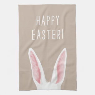 White Watercolor Bunny Ears On Beige Happy Easter Kitchen Towel