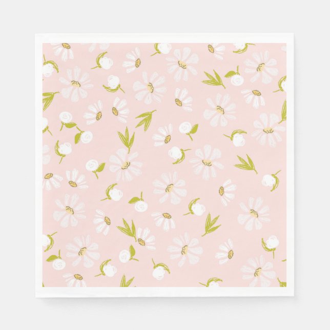 White Watercolor Daisies On Pink  Napkin (Front)