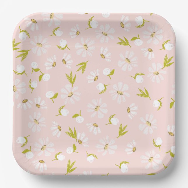 White Watercolor Daisies On Pink Paper Plate (Front)