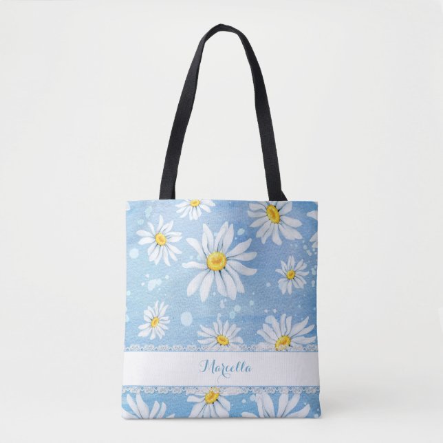 White Watercolor Daisies Tote Bag (Front)