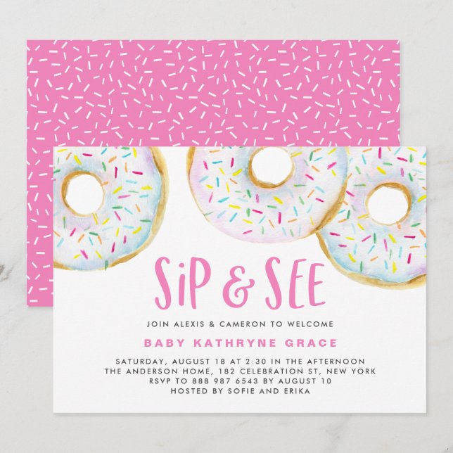 White Watercolor Doughnuts Sprinkles Sip and See Invitation (Front/Back)