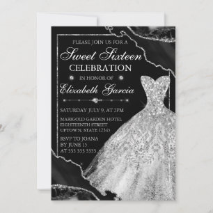 White Watercolor Dress & Glitter Agate Sweet 16 Invitation