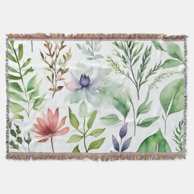 White Watercolor Floral Botanical Garden Throw Blanket (Front)