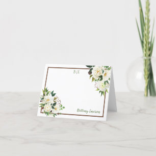 White Watercolor Floral Corners Name Monogram Thank You Card