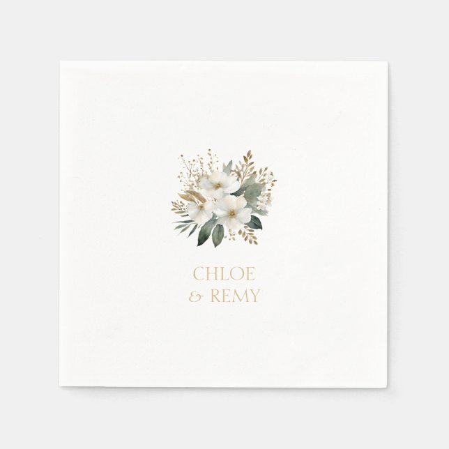White | Watercolor Floral Foliage & Couple Names  Napkin (Front)
