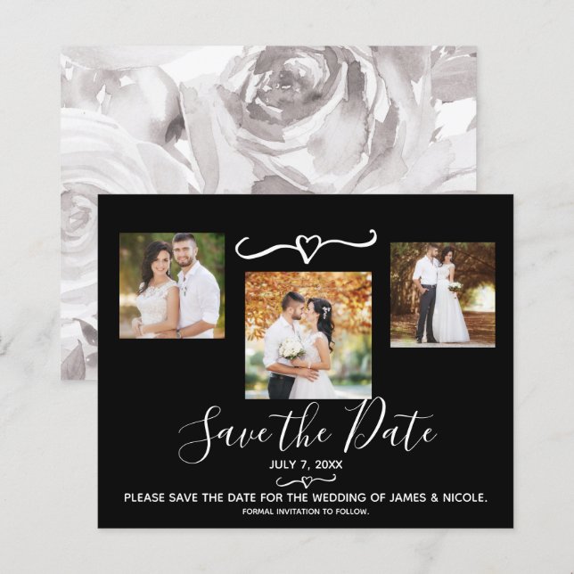 White Watercolor Floral Roses Photo Save the Date (Front/Back)