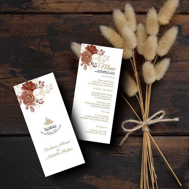 White Watercolor Floral Rustic Gold Muslim Wedding Menu (Creator Uploaded)