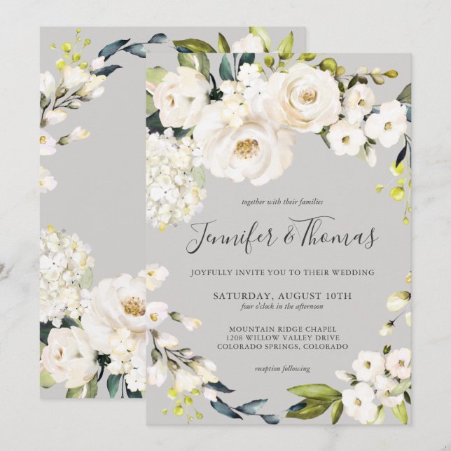 White Watercolor Floral Wreath on Taupe Wedding Invitation (Front/Back)