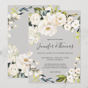 White Watercolor Floral Wreath on Taupe Wedding Invitation