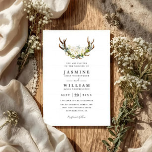 White Watercolor Flowers Antlers QR Code Wedding Invitation