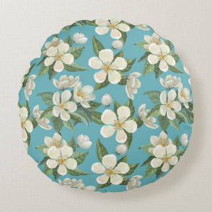 White Watercolor Flowers Green Leaves Round Pillow