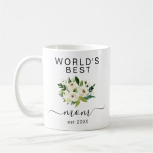 White Watercolor Flowers World's Best Mom Script  Coffee Mug