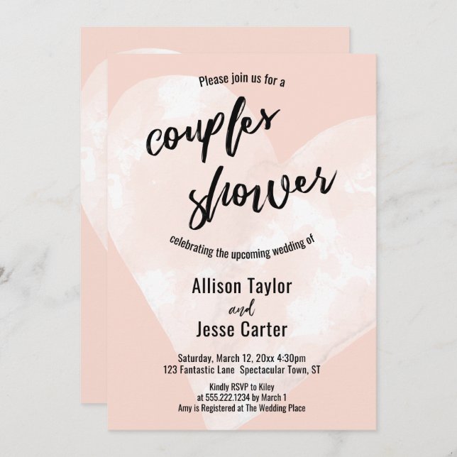 White Watercolor Heart Blush Pink Couples Shower Invitation (Front/Back)