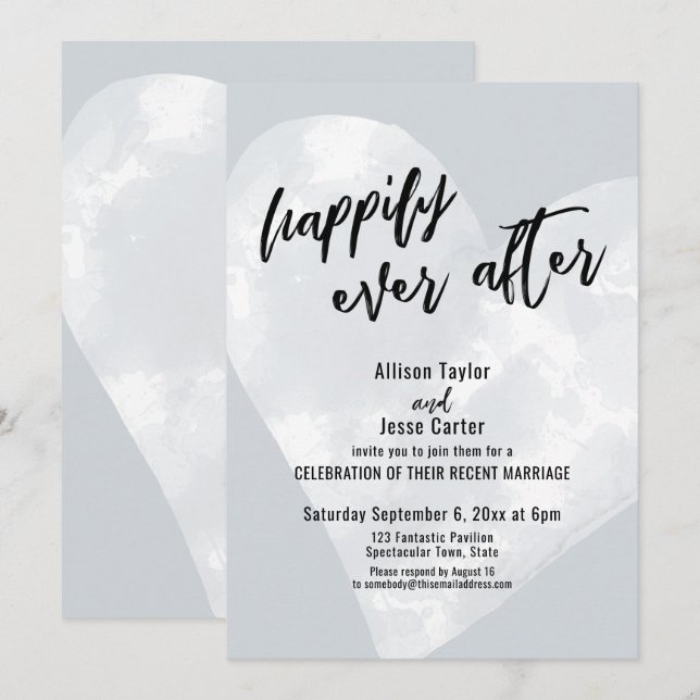 White Watercolor Heart Happily Ever After Grey Invitation (Front/Back)