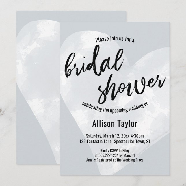 White Watercolor Heart Light Grey Bridal Shower Invitation (Front/Back)
