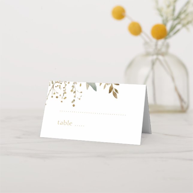 White | Watercolor Imitation Gold Foliage Wedding  Place Card (Front)