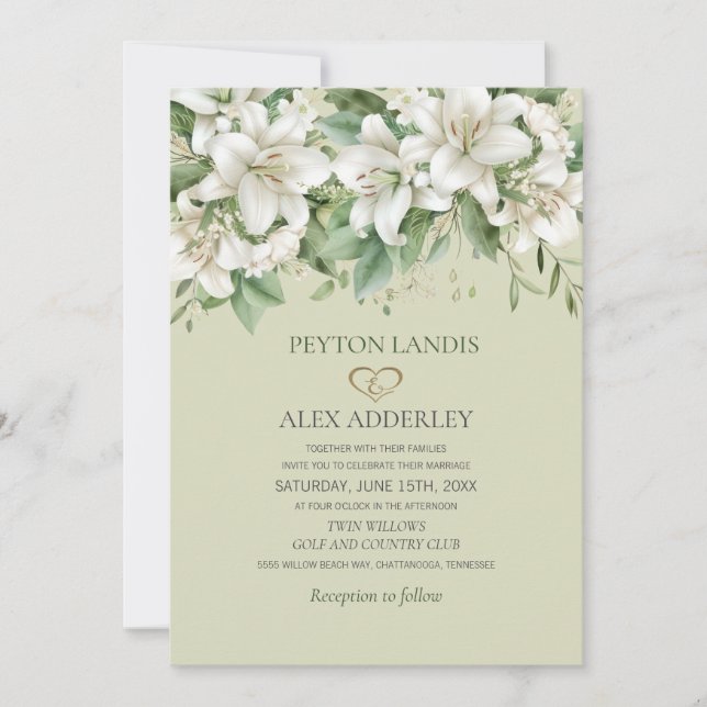 White Watercolor Lilies Greenery Gold Wedding Invitation (Front)