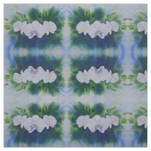 White watercolor orchid painting, botanical green fabric