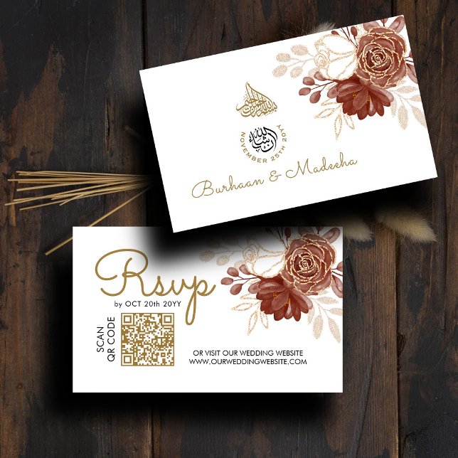 White Watercolor QR RSVP Islamic Wedding Website Enclosure Card (Creator Uploaded)
