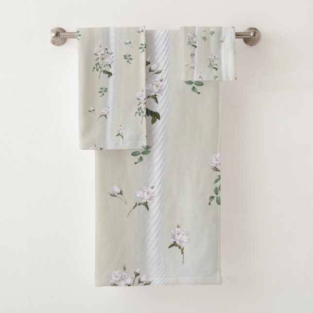 White Watercolour Roses painted on Champagne Silk Bath Towel Set (Insitu)