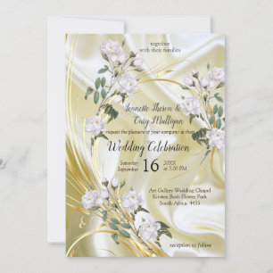 White Watercolour Roses painted on Champagne Silk Invitation