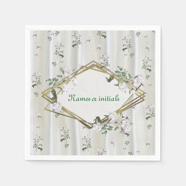White Watercolour Roses painted on Champagne  Silk Napkin (Front)