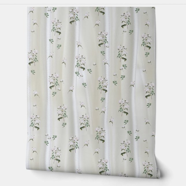 White Watercolour Roses painted on Champagne Silk  Wallpaper (Unrolling)