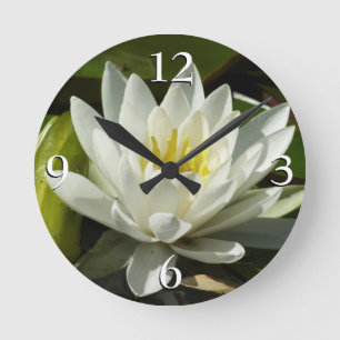 White Waterlily and Bud Floral Round Clock