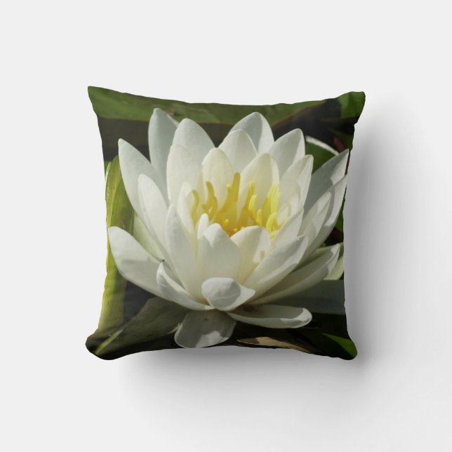 White Waterlily and Bud Floral Throw Pillow (Front)