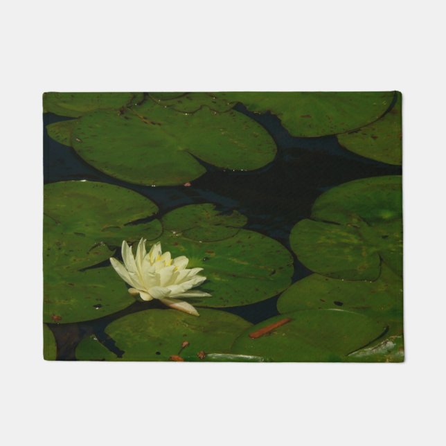 White Waterlily I Peaceful Floral Photography Doormat (Front)