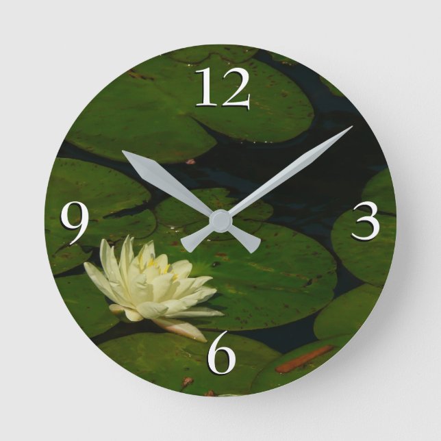White Waterlily I Peaceful Floral Photography Round Clock (Front)
