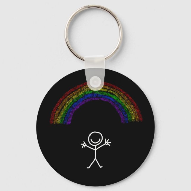 White waving stick man under a rainbow keychain (Front)