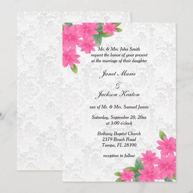 White Wedding and Pink Floral Invitation (Front/Back)