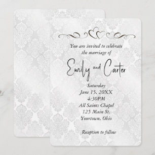 White Wedding Damask with Hearts Invitation