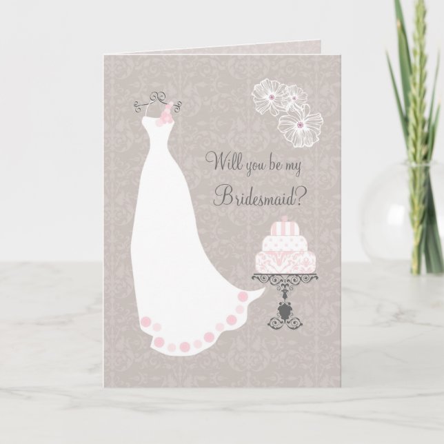 White Wedding dress and cake Bridesmaid Request Invitation (Front)