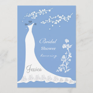White wedding dress, blossom on blue Bridal Shower Invitation