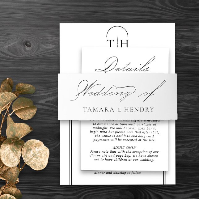 White Wedding Elegant Calligraphy Invitation Belly Band (Elegant wedding invitation belly band in black and white from my Wedding Colors Collection)