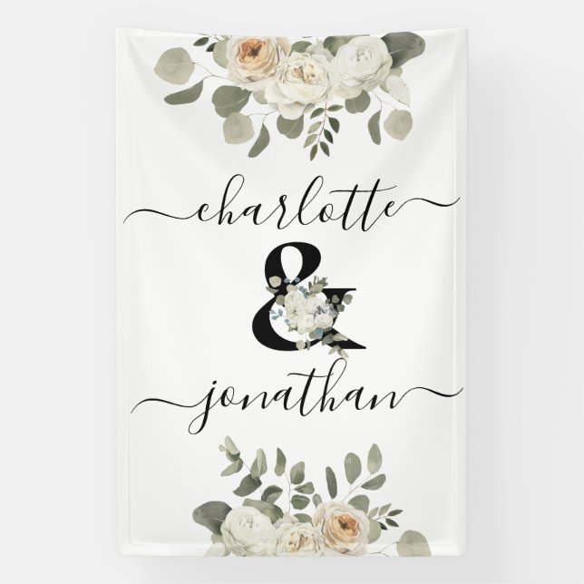 White Wedding Floral Ampersand (&) with Names Banner (Vertical)